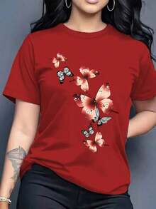 Suave |   1 Playera para Mujer 100% Algodón Transpirable | Camiseta de mujer con estampado de mariposa azul y rosa - Blusa de manga corta con cuello redondo, tela cómoda de estiramiento medio, top casual lavable a máquina para usar, opaca y no transparente para atuendos diarios, ropa de invierno para mujeres, ideal para el verano pattern pattern - Rojo - Ver 7