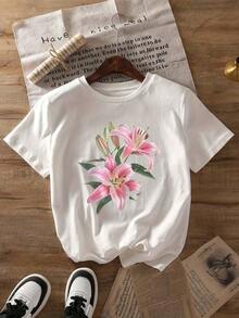 Camiseta de Verano con Estampado Gráfico Lily, Manga Corta, Cuello Redondo, Top Casual para Mujer para Verano y Primavera, Ropa de Mujer Transpirable y Cómoda - Blanco - Ver 2