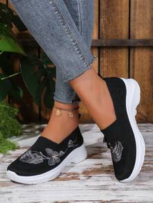 Embroidered Butterfly Slip-On Breathable Mesh Knit Soft Bottom Walking Shoes For Women, Summer - Black - View 5