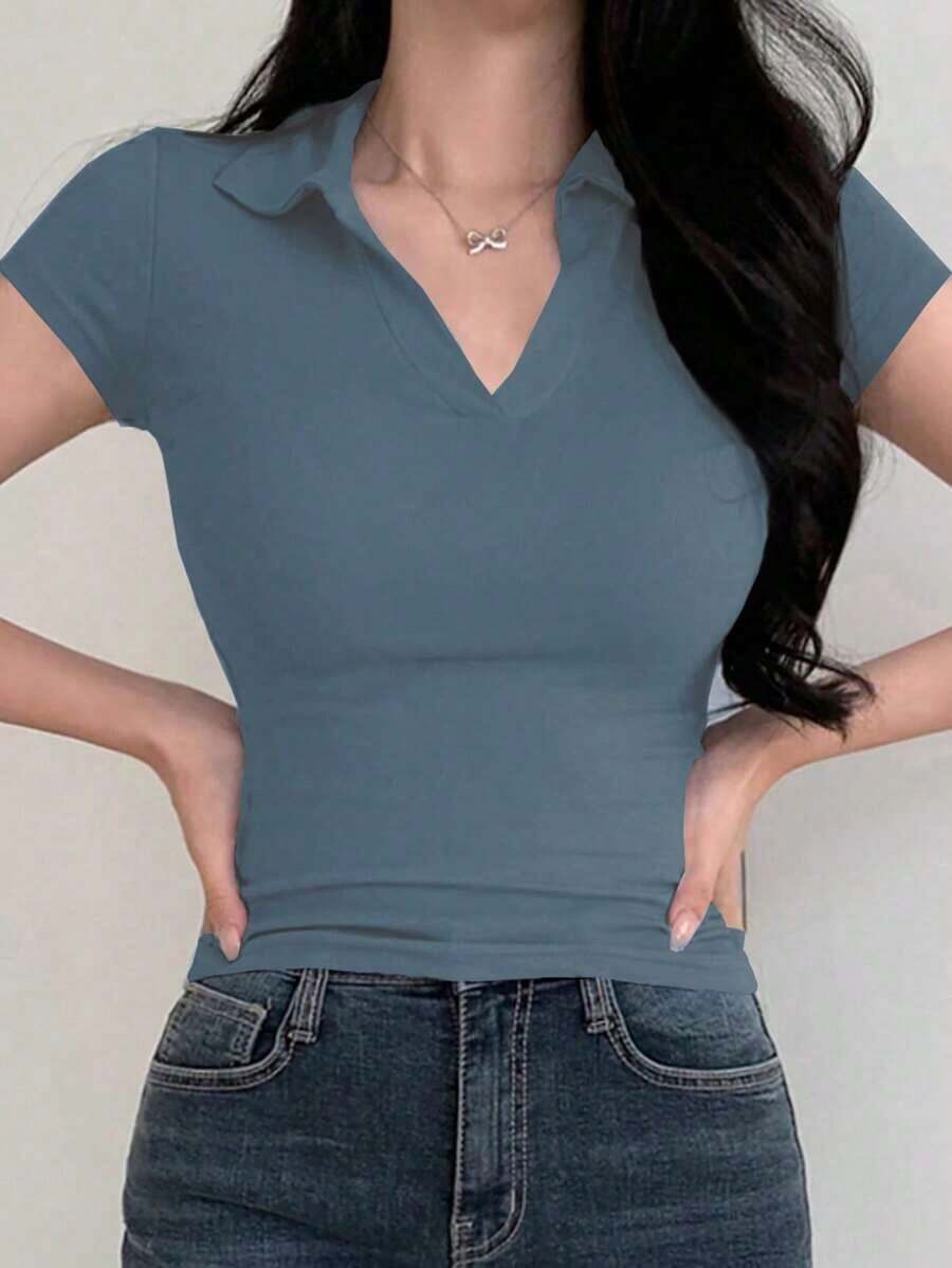 Camiseta casual de mujer de cuello polo de unicolor y manga corta, informal, para el verano, estilo casual empresarial para mujeres - Azul 2 - Ver 1