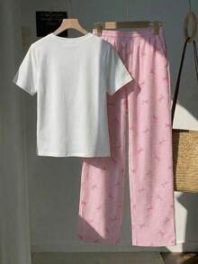 2 piezas Conjunto de top de manga corta con estampado floral bordado falso y rayas y pantalones a rayas, atuendo casual adecuado para el uso diario, citas, fiestas, otoño/invierno/verano, Navidad, Año Nuevo, Acción de Gracias, fiestas, bodas, - Multicolor 7 - Ver 3
