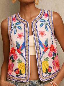 Chaleco ligero de mujer con bordado floral y de loro, chaleco bohemio, chaleco floral, estilo casual de mujer, atuendo para salir, atuendos elegantes, estilo campestre para mujer, atuendos casuales, chaleco elegante - Multicolor 3 - Ver 1