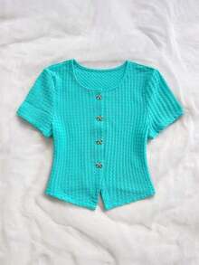 Blusa casual de mujer con manga corta, bordado de malla y lazo con botón - verde menta - Ver 5