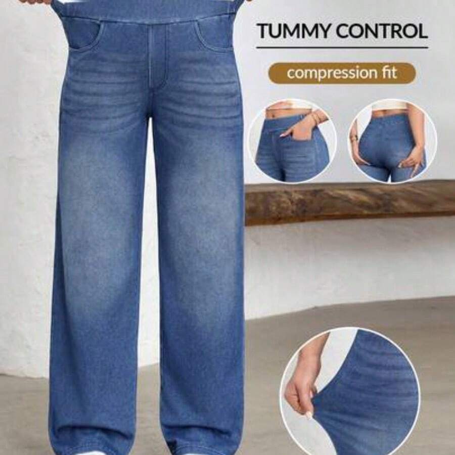 FlexDen Pantalones vaqueros de pierna ancha, estilo casual deportivo, con elástico para mujer - Azul lavado oscuro - Ver 1