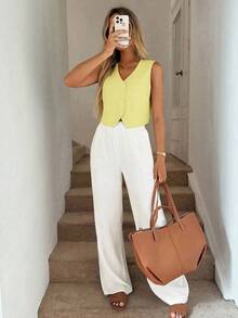 Chaleco negro, chaqueta fina, blusa de oficina para mujer - Amarillo - Ver 4