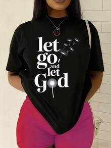 Camiseta de mujer "Let Go and Let Be" - Camiseta casual de manga corta con cuello redondo, adornada con manos en oración y motivos de escrituras - Prenda religiosa adecuada para la iglesia, uso diario y como regalo espiritual. Camiseta cómoda y versátil de manga corta. - Negro - Ver 1