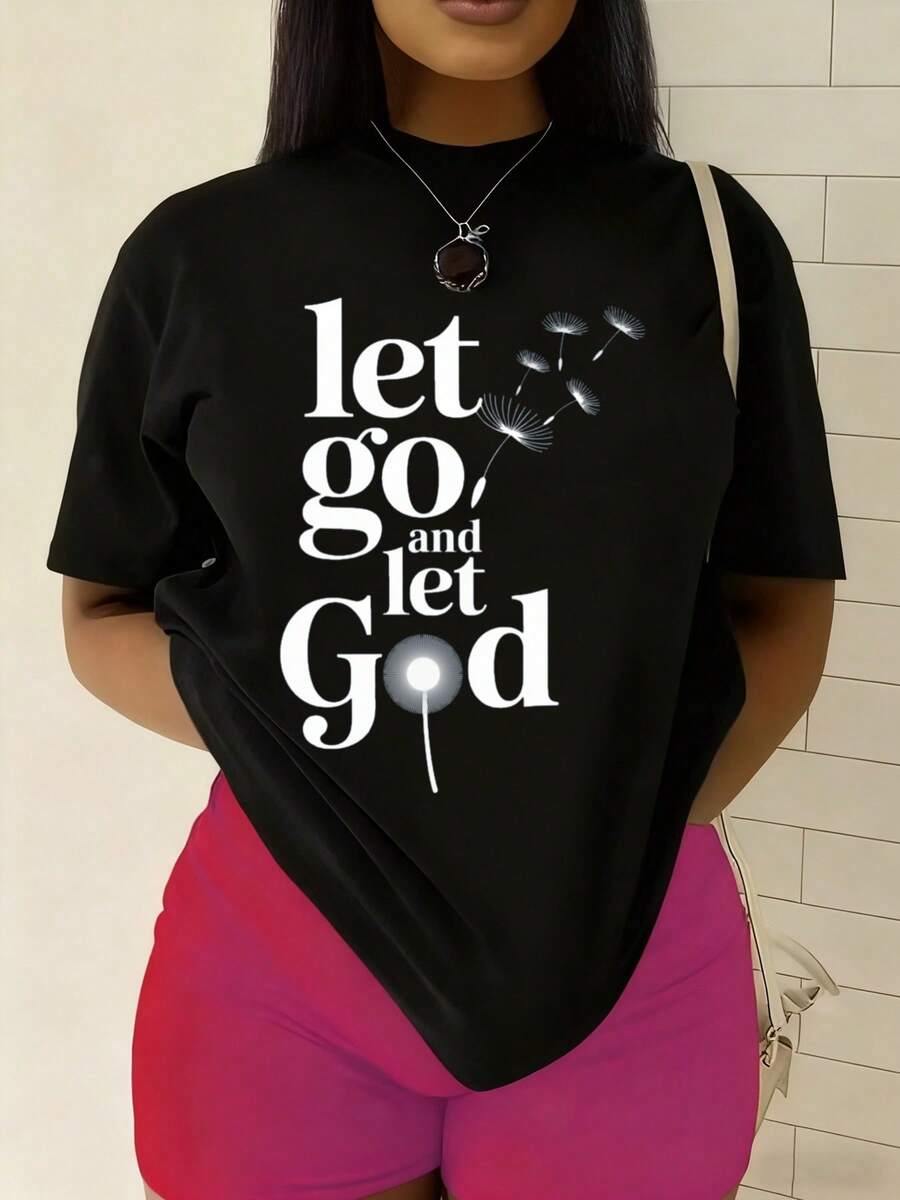 Camiseta de mujer "Let Go and Let Be" - Camiseta casual de manga corta con cuello redondo, adornada con manos en oración y motivos de escrituras - Prenda religiosa adecuada para la iglesia, uso diario y como regalo espiritual. Camiseta cómoda y versátil de manga corta. - Negro - Ver 1