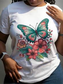 Women's Breathable Cotton T-Shirt With A Butterfly Floral Print, Round Neck, Short Sleeves, Soft And Stretchy, Suitable For Spring And Summer, Vibrant Colors, Hand Wash/Line Clean, Women's T-Shirt, Spring/Summer Clothing, Opaque Material, Spring Collection. RBT9 - 白色 - 查看 7