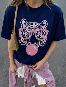1 Piece. New Summer 2026 Collection, Green Short-Sleeved T-Shirt With A Round Neck, Casual Style, Loose And Versatile, With A Bubble And Tiger Mouth Print, For Women, Ideal For Vacations And Everyday Wear. 100% Cotton, 180g. - 海軍 - 查看 1