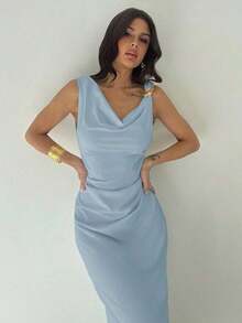 Vestido de mujer de cuello asimétrico blanco con volantes en la cintura, vestido elegante y sexy para ir al trabajo, de vacaciones, de moda y moderno, para primavera/verano, para ir al trabajo, elegante, sexy, de vacaciones, playa, Hawái, temporad - Celeste - Ver 3