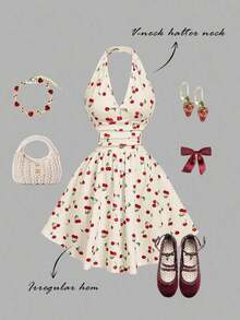 Vestido de fiesta elegante de mujer con estampado de cerezas, escote halter, espalda descubierta y cintura fruncida - Albaricoque - Ver 2