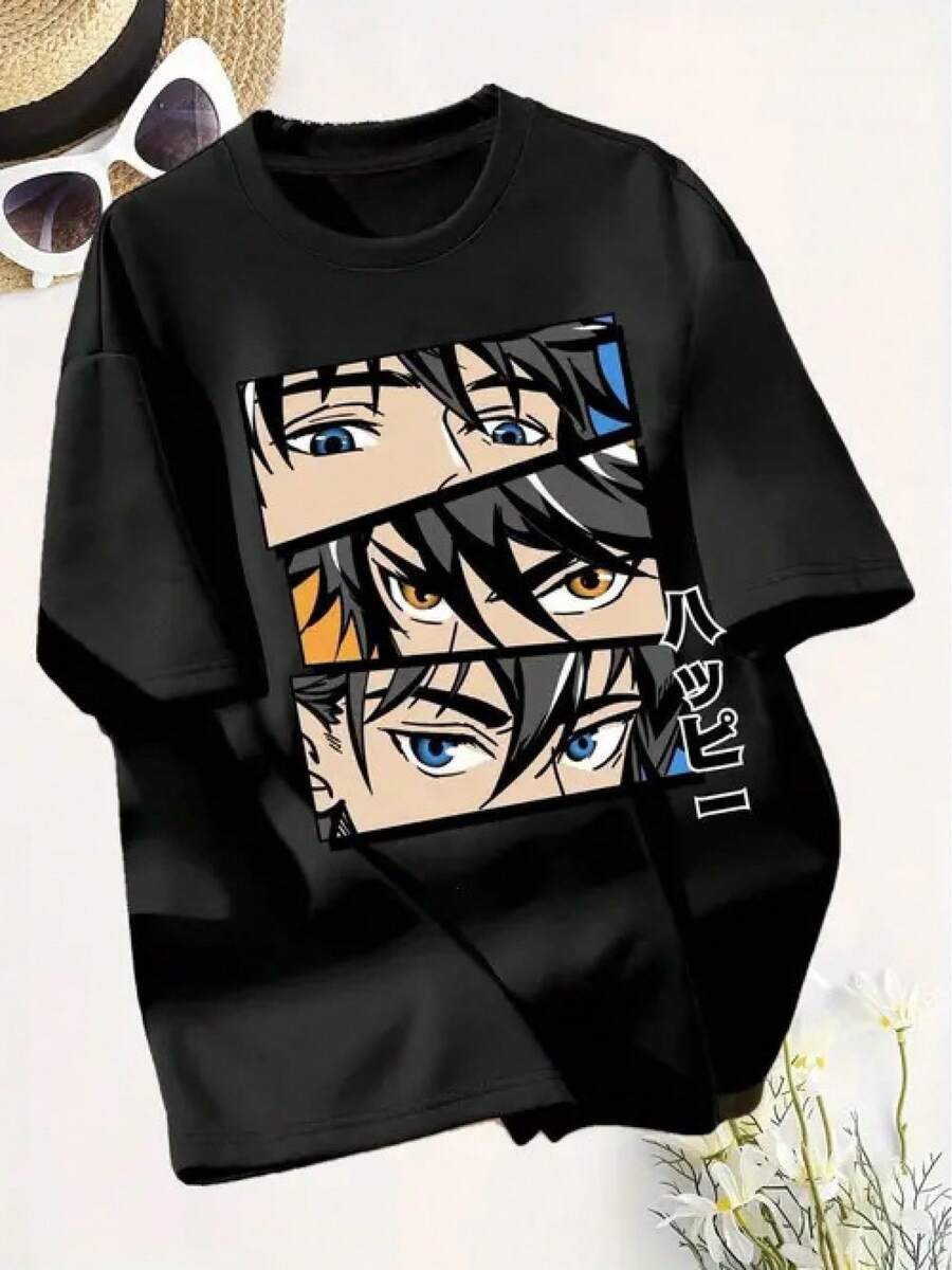 Y2K T-Shirt, 2000s Retro Tee, 90s Vintage Print Tee, Women's Tee | Anime Design Print | Crew Neck | Breathable And Machine Washable | Versatile Casual Top Suitable For All Seasons | Black Background With Colorful Eye Illustrations | Perfect For Everyday Wear - 黑色 - 查看 1