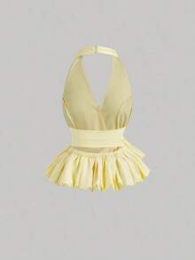 Top de mujer con cuello halter, bajo de burbuja y lazo oversize en color amarillo, ideal para citas, vacaciones, picnics, brunch, fiestas, estilo Y2K, top tubo, ropa de club, hombros descubiertos, invitada de boda, top lindo, crop top, vacacione - Amarillo - Ver 2