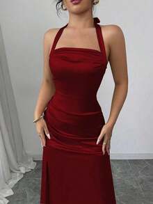 Vestido camisero elegante de color champagne, con tela de satén elástica y abertura lateral de largo maxi - Burdeos 2 - Ver 5