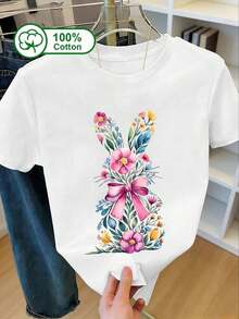 Women's Short-Sleeved T-Shirt, 100% Cotton, With A Floral Rabbit Print, Ideal For Holidays And Leisure, Summer Wear, Women's Top, Printed Design, Easter White. 100% Cotton. - 白色 - 查看 6