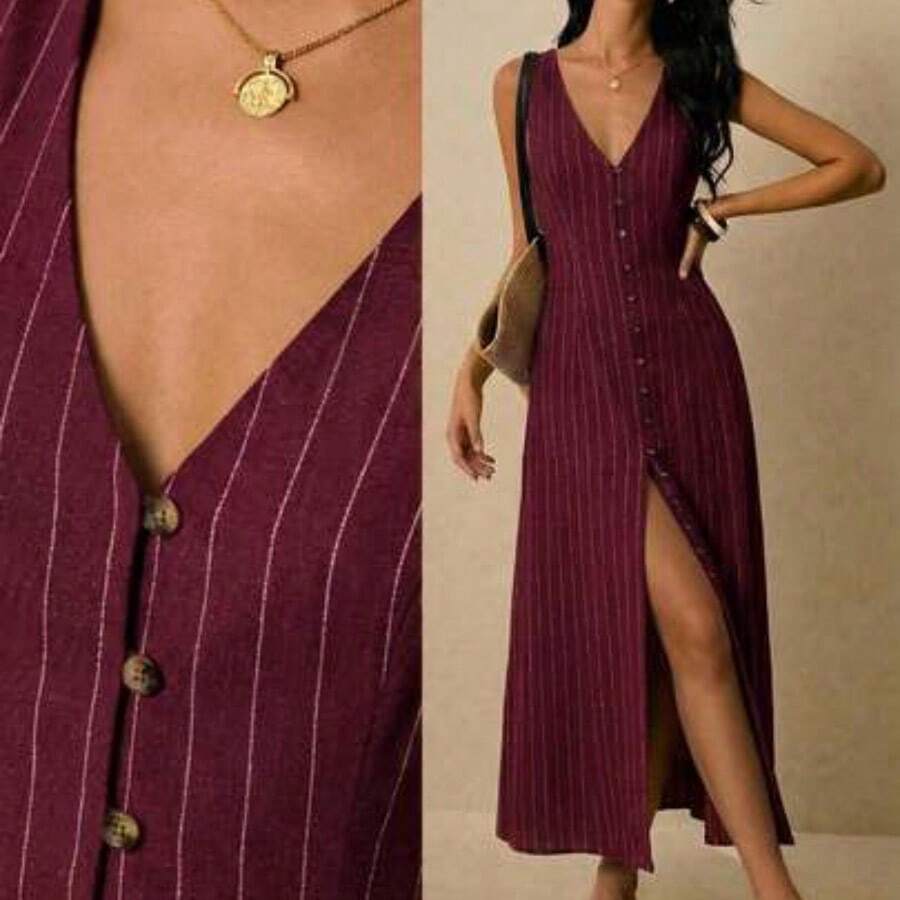 Women's Dresses Linen Dresses Tie Back Waist Button Placket Striped Dress Vest Dress Boho Holiday Women's Sleeveless Striped Dress Casual Vacation Y2k Clothes Country Concert Outfit Old Money Streetwear Going Out Outfits Vintage - Burdeos - Ver 1