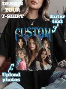 Camiseta personalizada con foto, regalo para novia/esposa, regalo del Día de San Valentín, camiseta de mujer personalizada - Agrega tu propio texto (Aniversario/Votos de boda/Anuncio de compromiso/El día que nos convertimos en pareja) Casual negra de verano - Negro - Ver 1