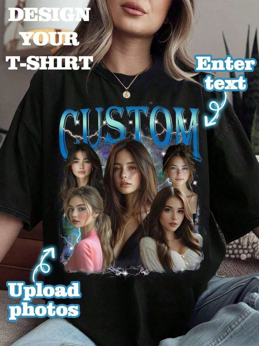 Camiseta personalizada con foto, regalo para novia/esposa, regalo del Día de San Valentín, camiseta de mujer personalizada - Agrega tu propio texto (Aniversario/Votos de boda/Anuncio de compromiso/El día que nos convertimos en pareja) Casual negra de verano - Negro - Ver 1
