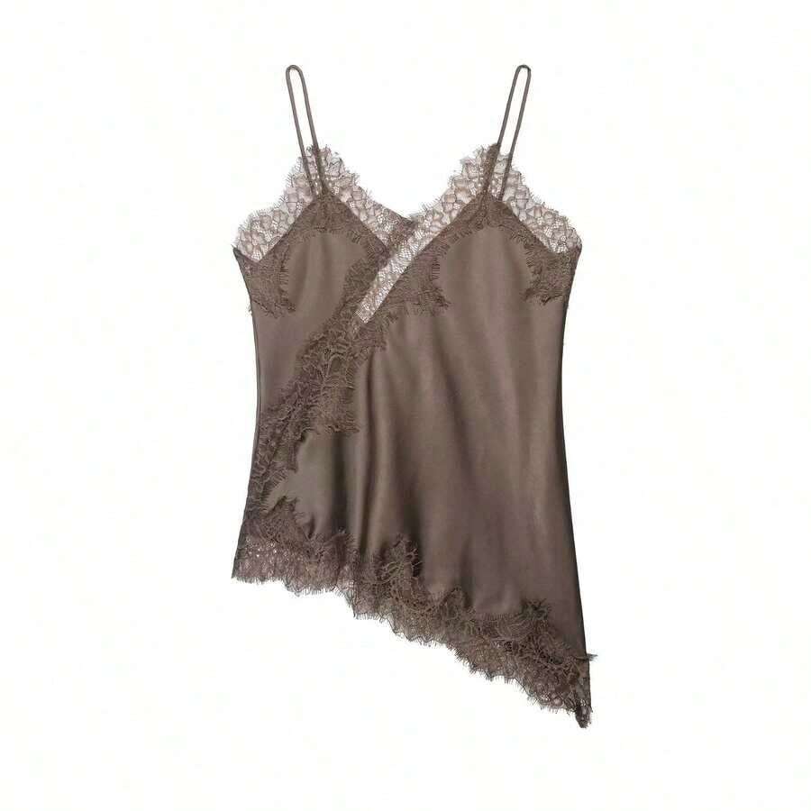 Seelio Nuevo Top de estilo lencería sexy con decoración de encaje, estilo europeo y americano, para mujer, color negro, para verano - Marrón Mocha - Ver 1