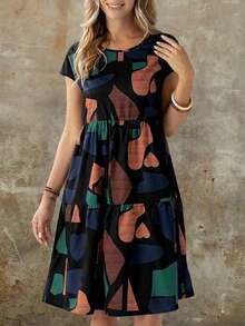 Vestido de mujer de manga corta con cuello redondo y estampado geométrico de verano - Negro 2 - Ver 4
