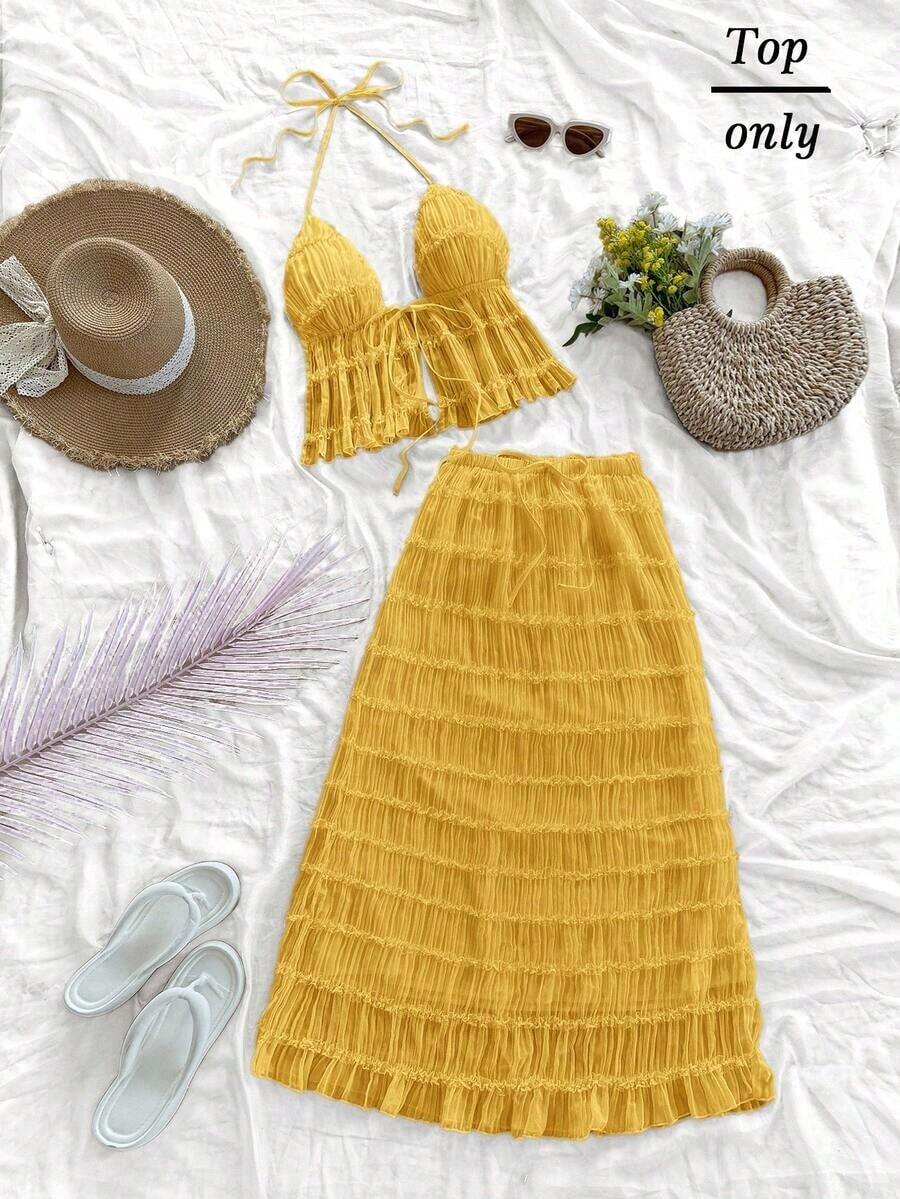 Nuevo top sin espalda con tirantes ajustables y textura, para primavera, verano, Pascua, festivales de música electrónica, estilo occidental para mujer, bohemio, vaquera, modesto, estilo fairy core, vacaciones tropicales, despedida de soltera, - Naranja - Ver 1