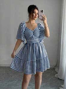 Elenzya Vestido de primavera y verano de talla media con rayas azules y blancas, manga corta, elegante y casual, con cintura ajustada para mujeres - Azul marino - Ver 1