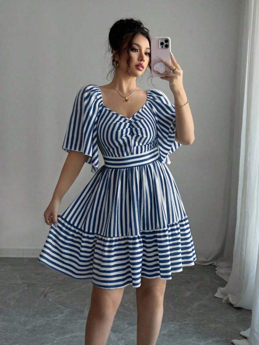 Elenzya Vestido de primavera y verano de talla media con rayas azules y blancas, manga corta, elegante y casual, con cintura ajustada para mujeres - Azul marino - Ver 1