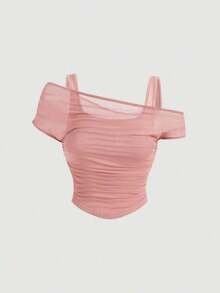 Top sin mangas para mujer con superposición de malla de unicolor, verde - Rosa vieja - Ver 1