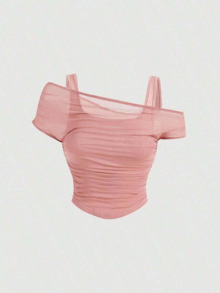 Top sin mangas para mujer con superposición de malla de unicolor, verde - Rosa vieja - Ver 1