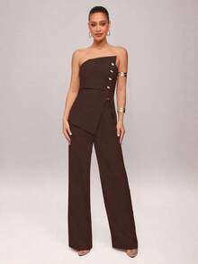 Set de 2 piezas: Top con diseño de aro asimétrico con decoración metálica + Pantalones de pierna recta, Uso elegante diario, Atuendo de oficina, Boda, Vacaciones, Cita, Fiesta, Ceremonia de graduación - Marrón - Ver 7