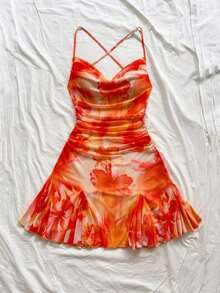 Vestido mini de mujer para vacaciones con tirantes finos, escote pronunciado, espalda descubierta, lazo, bajo estilo sirena, estilo romántico, vestido mini para pausas de té, caminatas al aire libre, citas, atuendo de playa, malla, joven y feme - Naranja - Ver 7