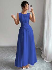 Vestido maxi casual, romántico, vintage y elegante de gasa para mujer con cordón en la cintura, para la playa, el té de la tarde, fiestas de noche, uso diario, sin mangas, de unicolor, vestido largo, primavera/verano - azul real - Ver 8