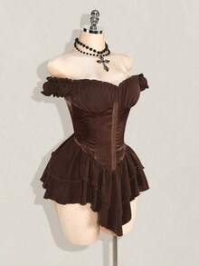 Vestido corto de gasa con volantes en el hombro, cintura fruncida y estampado jacquard para mujer, elegante para fiestas y uso casual - Marrón - Ver 4