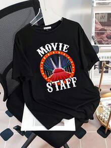 El estampado muestra un escenario de alfombra roja con luces brillantes y refleja la energía del cine y el glamour de los eventos cinematográficos camiseta de mujer  casual cómoda para uso diario y amantes del séptimo arte - Negro - Ver 3