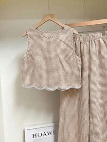 Frenchy Conjunto de 2 piezas de top sin mangas de cuello redondo a cuadros y pantalones para mujer - Caqui - Ver 7