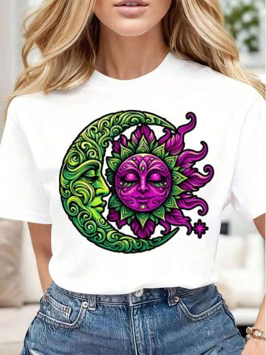 Camiseta casual de mujer con estampado de arte de mandala sol y luna, suave y cómoda, regalo para cumpleaños, Halloween, Navidad