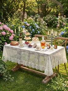 1pc French Countryside Style Floral Lace Trim Tablecloth, Holiday Decor - White - View 4