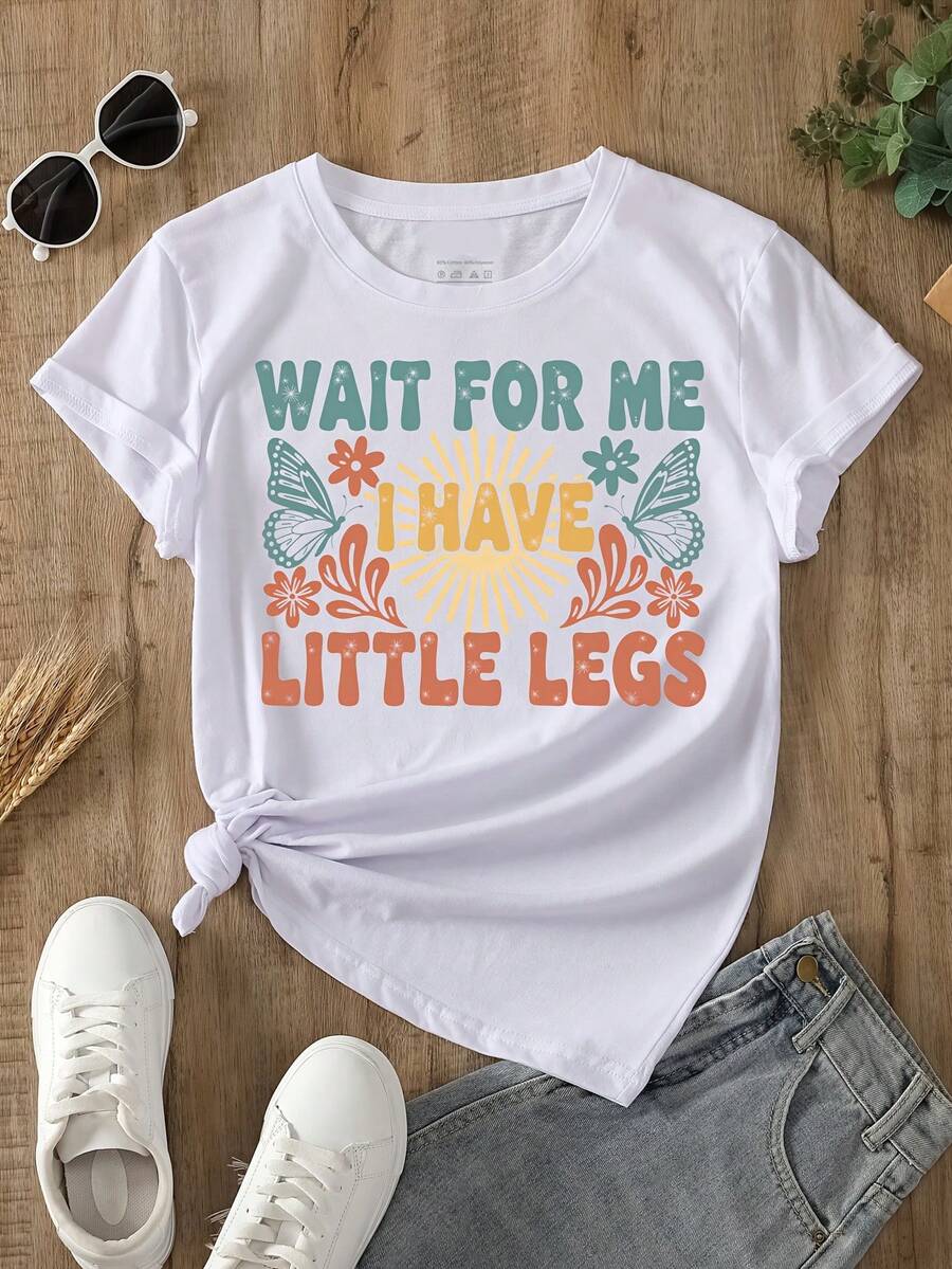 Elegant Women's T-Shirt For Everyday Wear, With Print "Wait A Minute, My Legs Are Short", Casual Everyday Wear, Round Neck T-Shirt, Comfortable And Soft, Chic Fashion T-Shirt. - 白色 - 查看 1