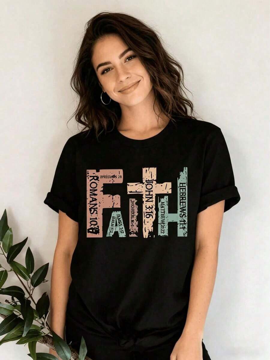 TrendySummer Casual Crew Neck T-Shirt, Christian T-Shirt, Bible Verse T-Shirt, Christian Religious T-Shirt, Retro Faith T-Shirt, Christian Cross Pattern T-Shirt, Slim Fit Short Sleeve T-Shirt For Everyday Wear - 黑色 - 查看 1