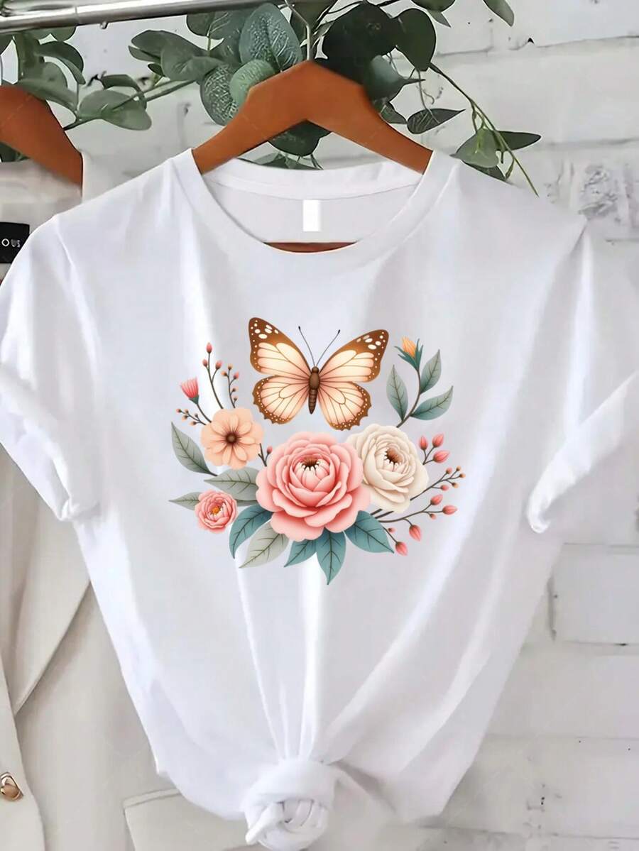 Classic Plus Size - Plus Size - Modern Design T-Shirt, Suitable For Plus-Size Women, With A Butterfly And Flower Print, Perfect For Casual Summer Wear. This Short-Sleeved, Crew-Neck T-Shirt In A Bohemian Style Is An Ideal Choice For Summer And Fall. A Bestseller. - 白色 - 查看 1