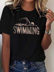 SummerCamiseta cómodara mujer de algodón puro con silueta de natación estiloFashion All-match Women's Short Sleeve T-shirt, Basic Style for Inner & Outer Wear - Negro - Ver 11