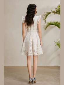 Vestido de encaje blanco para mujer, cuello mao con mangas efímeras y cinturón de strass, falda tipo A elegante para fiesta y evento formal. - Albaricoque - Ver 5