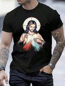 Camiseta Básica de Algodón para Vacaciones|   Estampado de la Divina Misericordia en Algodón de 180g, Blanco/Negro|   Camiseta Básica Unisex para Capas - Negro - Ver 2