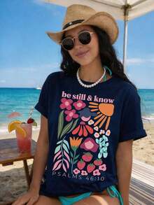 Women's DrmWander Casual Graphic Print Short-Sleeved T-Shirt With Round Neck. Ideal Choice For Daily Commutes, Beach Holidays And Travel. - 海軍藍 - 查看 6