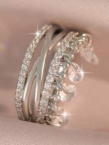 1 chiếc nhẫn đơn thời trang đính pha lê tua rua nhiều lớp giao nhau, đá Cubic Zirconia lấp lánh, thích hợp cho nữ, dùng hàng ngày, tốt nghiệp, lễ hội âm nhạc, kỷ niệm, quà tặng trang sức bằng đồng. - tua rua - Xem 6