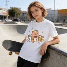 Tops para mujer Casual de Algodón para Mujer, Manga Corta, Cuello Redondo, con Estampado de Dibujos Animados - Blanco - Ver 6