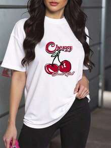 Camiseta de Manga Corta con Cuello Redondo y Estampado de Cerezas - Blanco - Ver 6