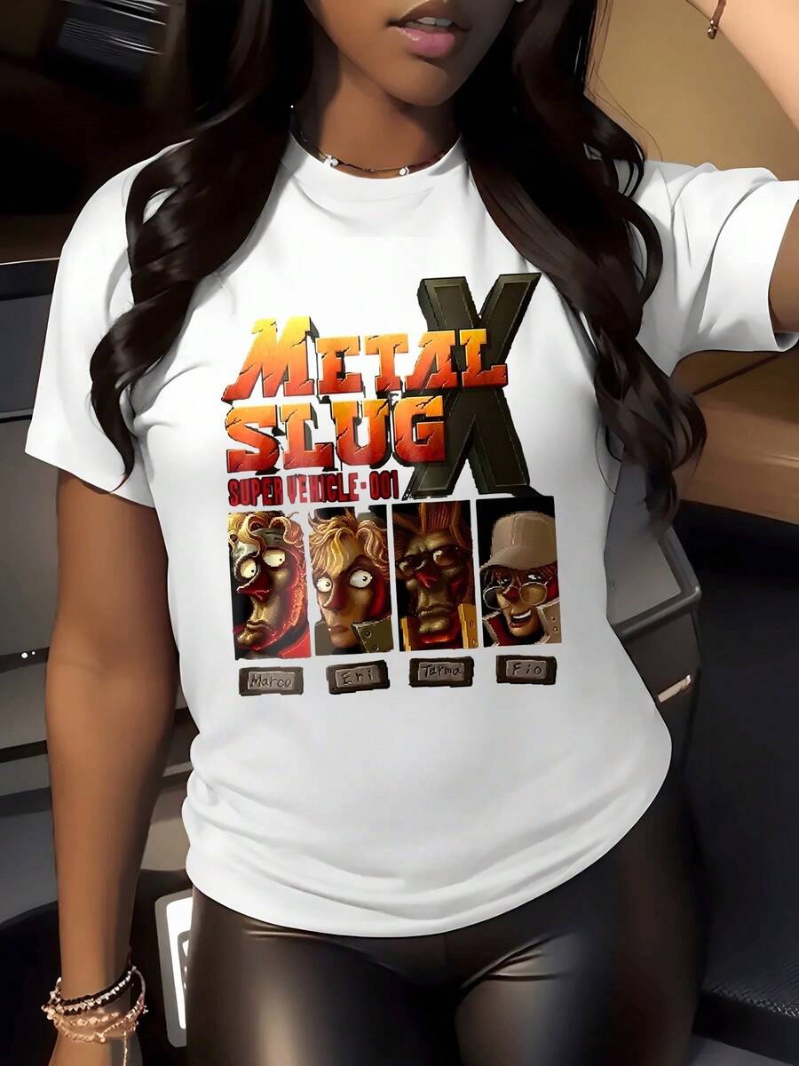 Tonos ardientes reflejan valentía y energía en gráficos retro de combate futurista que evocan fuerza interior y espíritu aventurero camiseta de mujer casual cómoda ideal para uso diario - Blanco - Ver 1