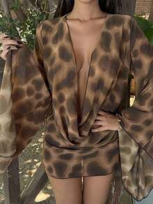 Vestido mini de manga larga con cuello de cowl y escote profundo en gasa y malla, ideal para primavera, verano, Ibiza, vacaciones, lindo, romántico, festival, ropa de playa, fiesta de Halloween en la playa - Café integral - Ver 3