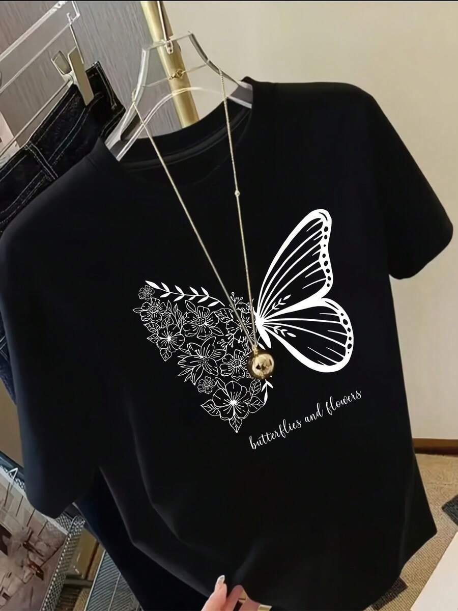 1PC Nueva Camiseta Casual de Moda para Mujer - Estampado de Letras y Mariposas - Manga Corta - Elegante Cuello Redondo - Camiseta de Tela de Poliéster para Mujer, Diseño Simple, Cómoda y Transpirable, Top Casual Versátil para Uso Diario, Camiseta de Manga Corta a la Moda para Mujer, Adecuada para Todas las Temporadas, Esencial para el Trabajo, Fiestas y Viajes, Disponible en Tallas S-XXL, Camiseta de Algodón Cómoda para Uso Diario. - Negro - Ver 1